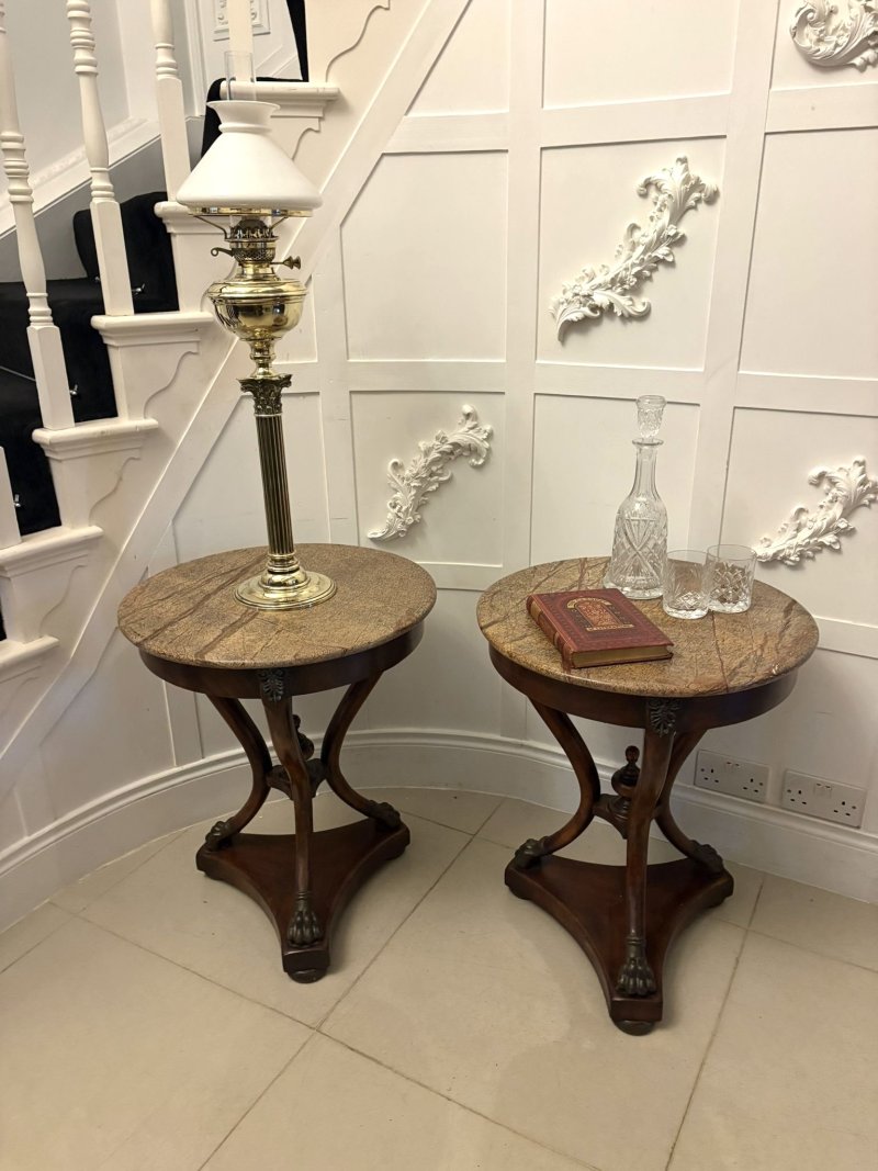 Antique Edwardian Quality Pair of French Marble-Top Gueridon Side / Lamp Tables